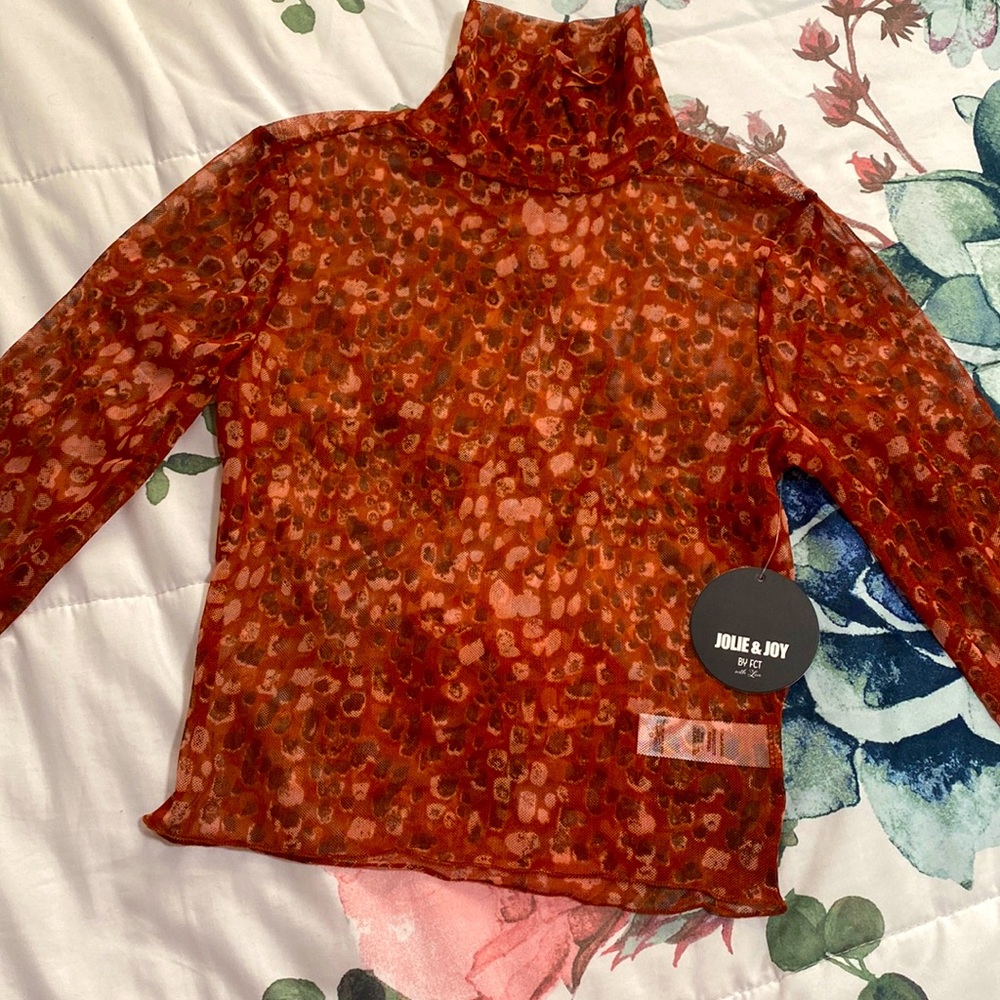 Orange and brown high neck see-through top